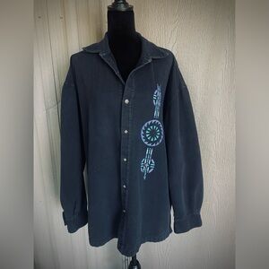 VTG 90s WEK Black Button Shirt Southwest Tribal Aztec Oversized Mens Shacket S/M